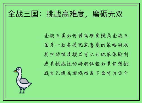 全战三国：挑战高难度，磨砺无双